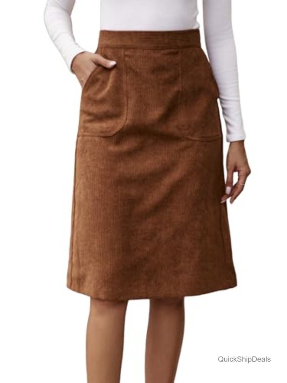 High Waist Straight Midi Corduroy Skirt with Pockets Split Hem